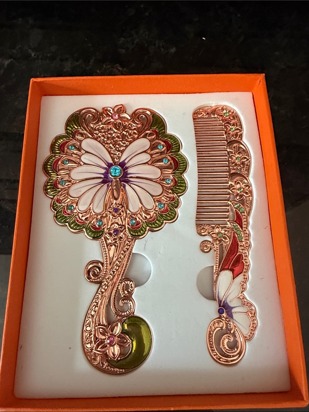Rose Gold Floral Butterfly Mirror & Comb Set - Pink/Green/White